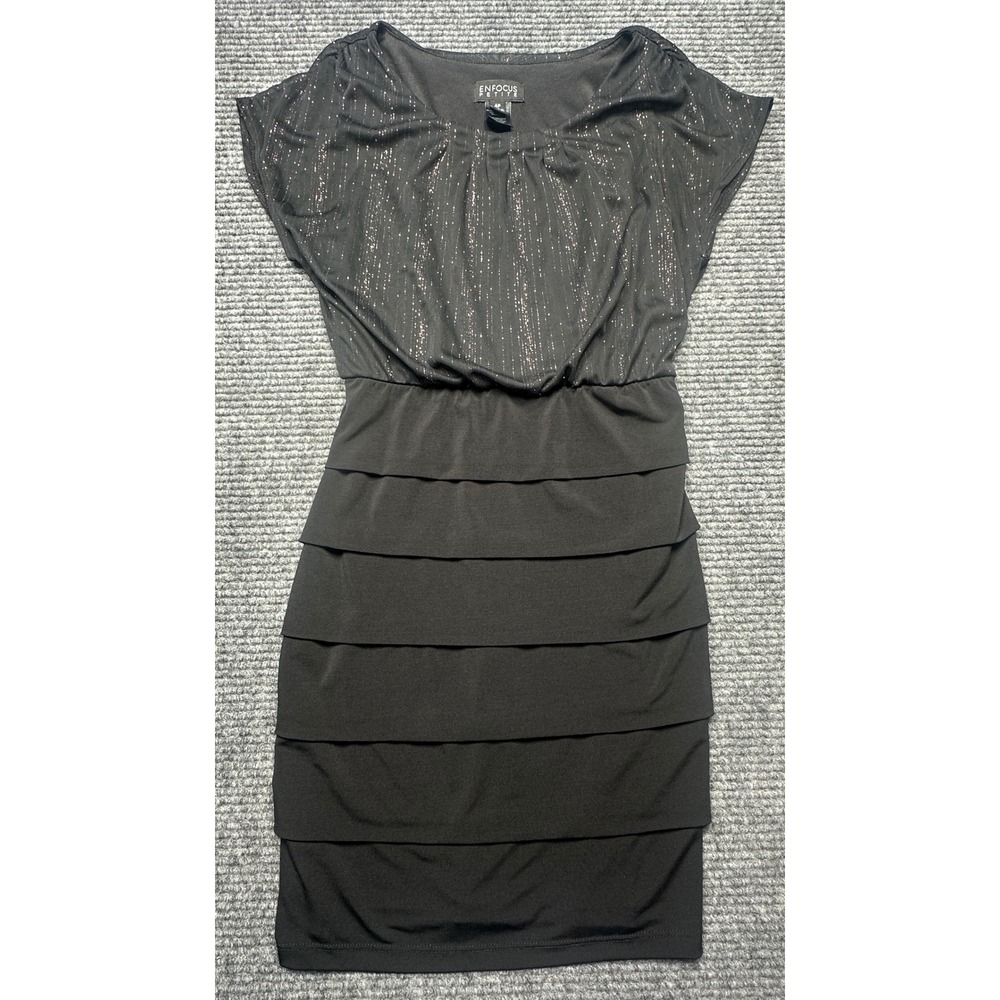 Enfocus Petite Sheath Dress Women 4P Black Glitter Layered Skirt Cap Sleeve